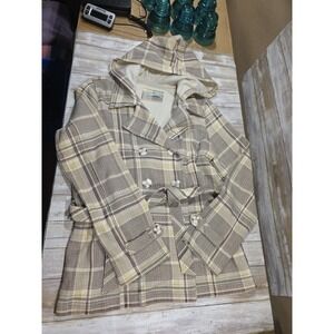 Maurices Womens XL Plaid Hooded Double Breasted Pea Coat Belted Brown Cream